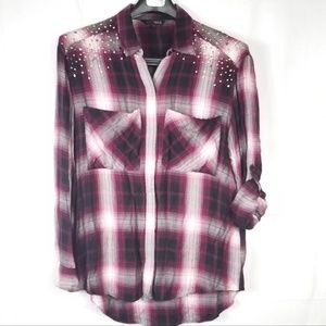 Express Purple Plaid Embelished Button Up Shirt